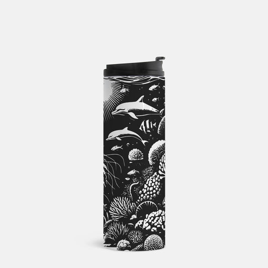 Coral Reef with Fish Black and White Stainless Steel 16oz. Tumbler